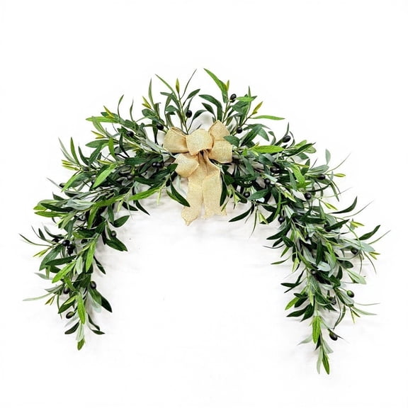SHJHENG Artificial Olive Leaf Wreath with Burlap Bow, 18 Inch Greenery Olive Branch Wreath for Front Door, Wall Mirror, Fireplace & Home Decor, Rustic Farmhouse Green Wreath