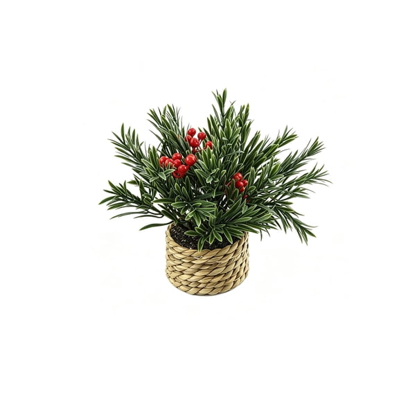 SHJHENG Assorted Artificial Pines Needle Potted Plants Natural Woven Straw Basket Faux Pines Greenerys Tabletop Arrangement Multi Style Mini Fake Pines Planter