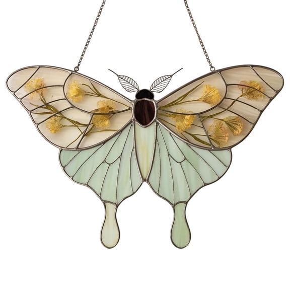 SHJHENG Butterfly Suncatcher Stained Glass Style, Acrylic Window Hanging Ornament with Pressed Flowers, Green Luna Moth Decor for Home, Garden & Patio