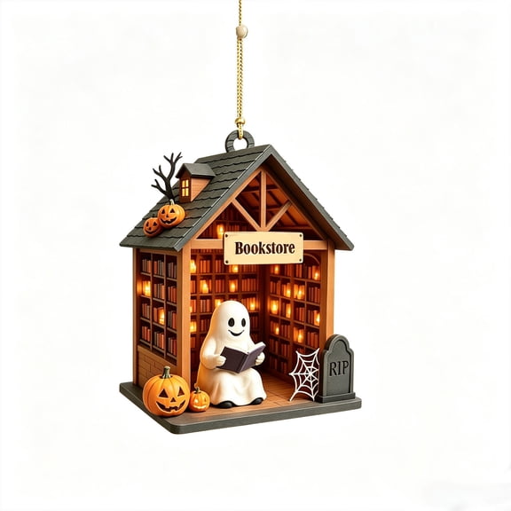 SHJHENG Custom Name Light Up Halloween Bookstore Ghost Ornament Wooden Pumpkin Mini Book House Hanging Decor For Tree Window Party Halloween Gift For Book Lovers