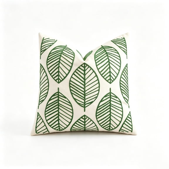 SHJHENG Embroidered Leaf Pattern Throw Pillow Cover – Green Botanical Cushion Case with Hidden Zipper, Modern Farmhouse Decorative Pillow for Sofa, Bed, and Outdoor Patio