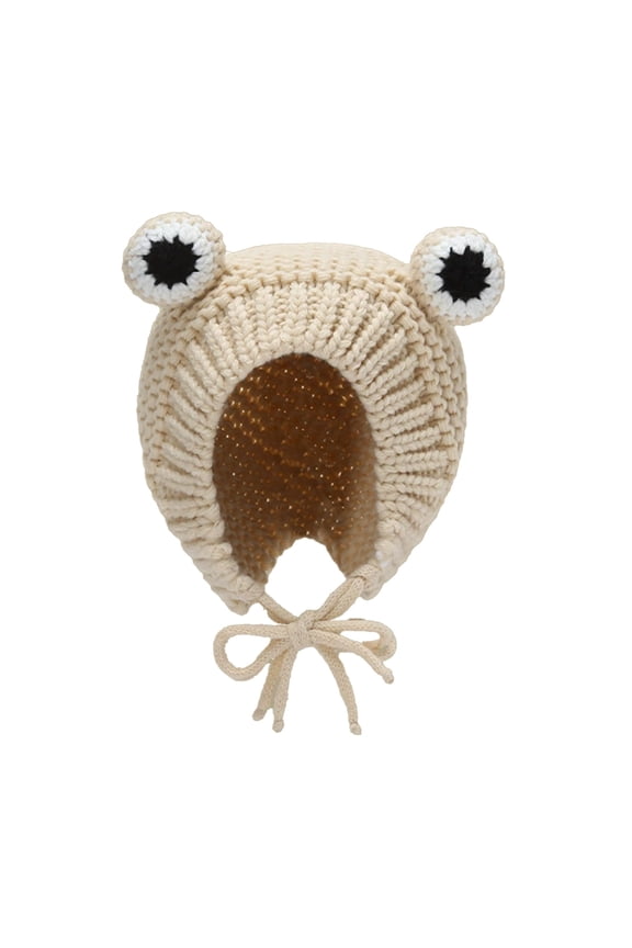 Frog Eye Knitted Beanie with Ear Flaps – Cute Winter Crochet Hat with Adjustable Chin Straps, Warm Outdoor Cap for Kids and Adults, Fun Animal Design