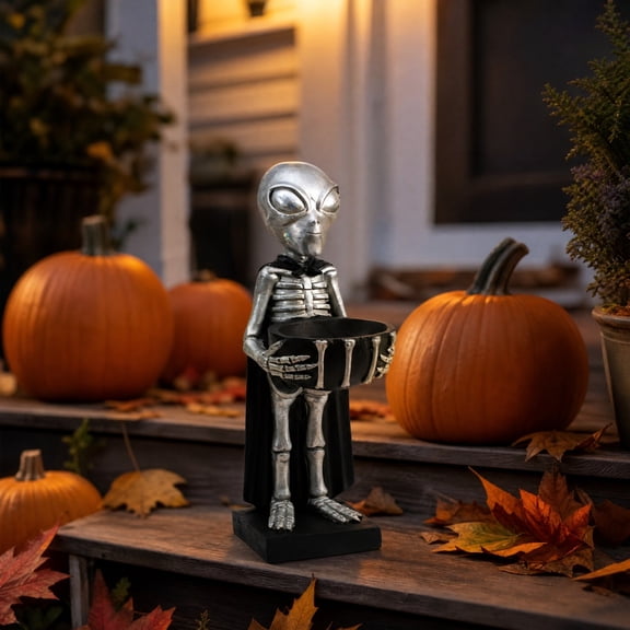 SHJHENG Halloween Alien Skeleton Candy Bowl Statue Resin Alien Skeleton Decor With Candy For Home Porch