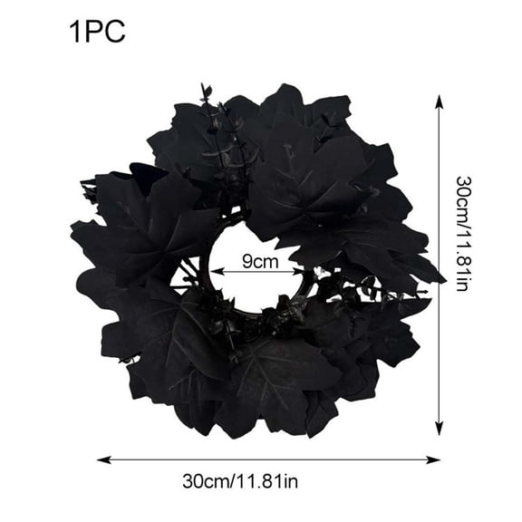 SHJHENG Halloween Black Maple Leaf Wreath Candle Ring 11.8 Inch Artificial Black Fall Leaves Candle Wreath