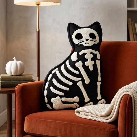 SHJHENG Halloween Skeleton Cat Throw Pillow Irregular Shaped Soft Tufted Cushion Spooky Black and White Animal Decor 17.7 Inch Plush Stuffed Pillow for Couch Bed Sofa