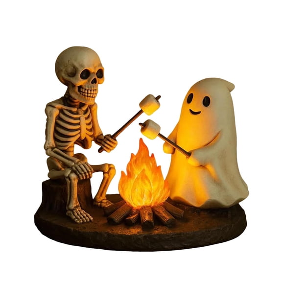 SHJHENG Halloween Skeleton & Ghost Bonfire LED Night Light, Cute Spooky Campfire Figurine Lamp, Warm Glow Resin Tabletop Decor for Fall Holiday Mantel Shelf Ornament