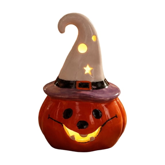 SHJHENG Halloween Witch Hat Ceramic Light Up Figurine O LED Night Light Candle Glowing Pumpkin Statue Tabletop Decor For Fall Thanksgivin