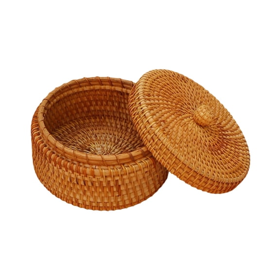 SHJHENG Handwoven Rattan Storage Basket with Lid, Natural Wicker Lidded Storage Box, Handmade Woven Organizer for Jewelry, Snacks, Cosmetics, Boho Home Decor