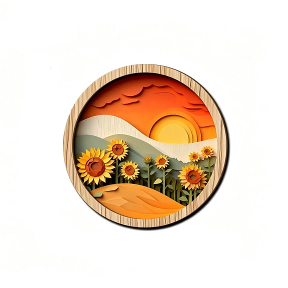 SHJHENG Layered Paper Effect Round Wooden Wall Sign Nature Sunset Scenery Circular Decor Plaques Boho Style Hanging Wall Art For Entryway Living Room Decor