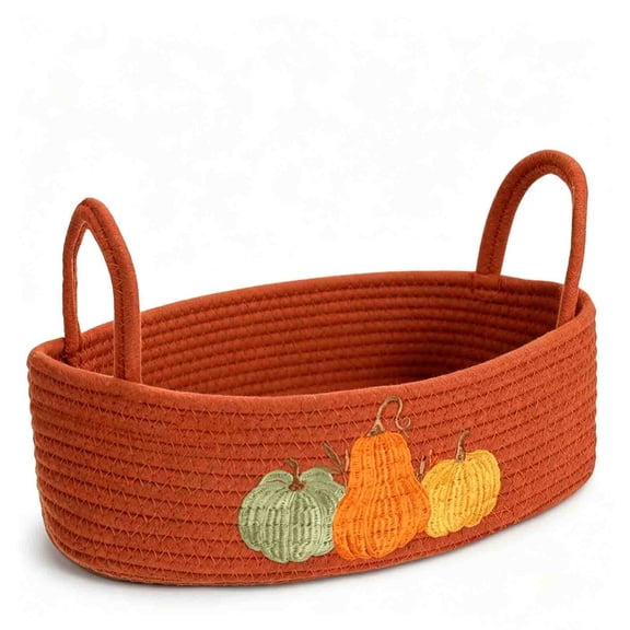 SHJHENG Pumpkin Embroidery Cotton Rope Storage Basket, Oval Woven Basket with Dual Carry Handles for Fall Thanksgiving Home Decor, 12.99 in x 5.91 in Orange, 1 Pack