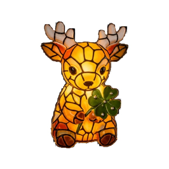 SHJHENG Resin Table Lamp Stained Glass Texture Four Leaf Deer Mini Night Light Desktop Decor Lamp