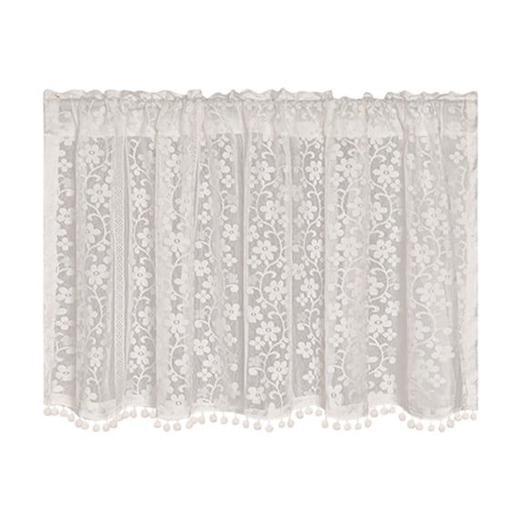 SHJHENG Rod Pocket Floral Lace Cafe Curtains, Semi Sheer Short Window Tier Curtains with Pom Pom Trim, Light Filtering Half Window Valance for Kitchen Bathroom Cabinet Decor