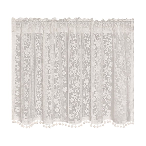 SHJHENG Rod Pocket Floral Lace Cafe Curtains, Semi Sheer Short Window Tier Curtains with Pom Pom Trim, Light Filtering Half Window Valance for Kitchen Bathroom Cabinet Decor