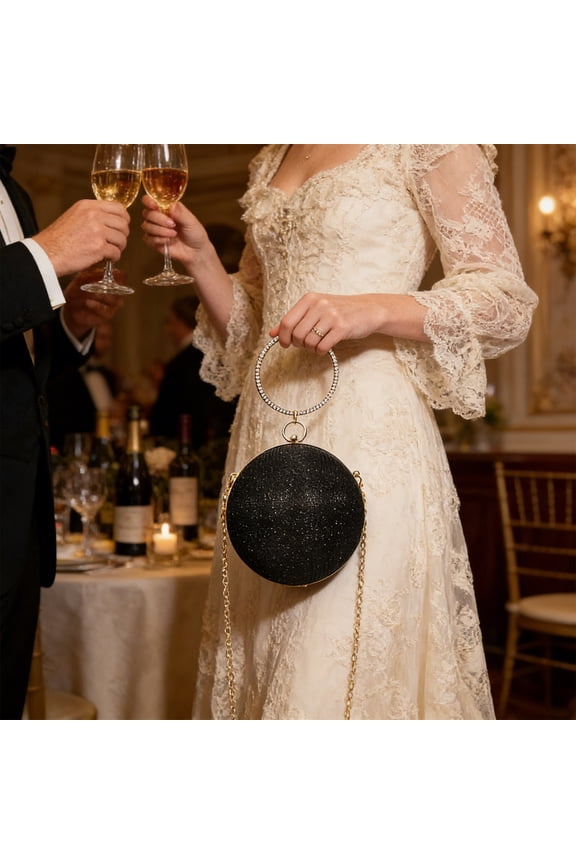 Round Ball Shape Evening Clutch for Women, Glitter Rhinestone Circle Handle Purse with Detachable Chain Strap, Formal Mini Crossbody Bag for Wedding, Prom, Party & Special Occasions