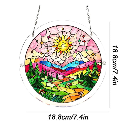 SHJHENG Scenic Landscape Stained Glass Style Acrylic Puzzle Suncatcher, Colorful Window Hanging Ornament with Chain, Home & Garden Decorative Piece