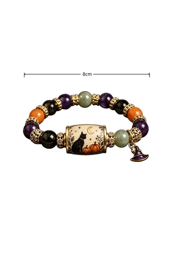 Spooky Season 2026 Halloween Pumpkin Beaded Stretch Bracelet With Witch Hat