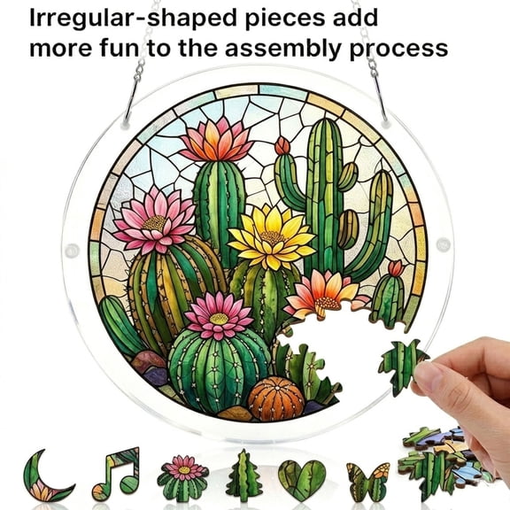 SHJHENG Stained Glass Style Acrylic Puzzle Suncatcher, 8-Inch Round Floral & Cactus Window Hanging Puzzle, Unique Home Decor Art with Nature Designs