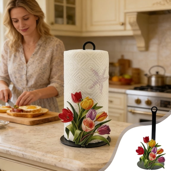 SHJHENG Vibrant Tulip Metal Paper Towel Stand, Decorative Floral Vertical Paper Towel Holder, Rustic Kitchen Countertop Paper Towel Dispenser with Colorful Flower Design for Home Decor