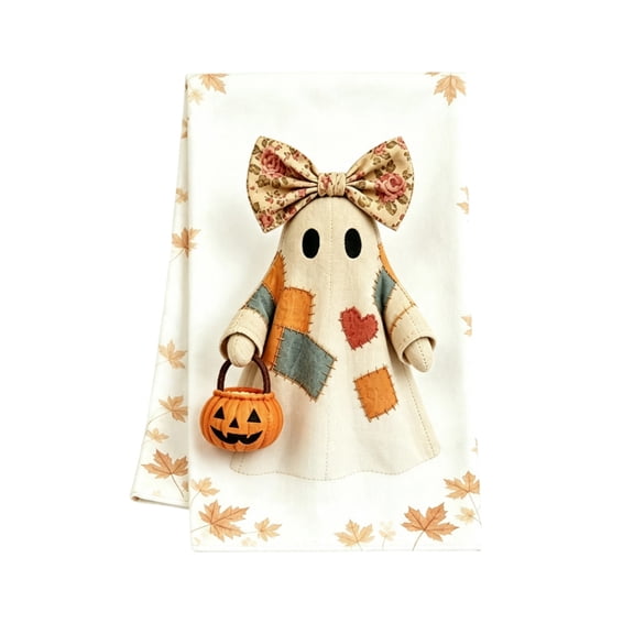 SHJHENG Vintage Patchwork Ghost Kitchen Towel, Cute Fall Maple Leaf Print Decorative Dish Towel, Soft Absorbent Hand Towel for Halloween Farmhouse Home Kitchen Decor
