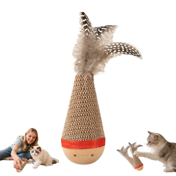 SHJHENG Wobble Cat Toy with Feather, Interactive Sisal Tumbler Cat Toy for Indoor Cats, Self-Play Teaser Toy for Exercise & Boredom Relief