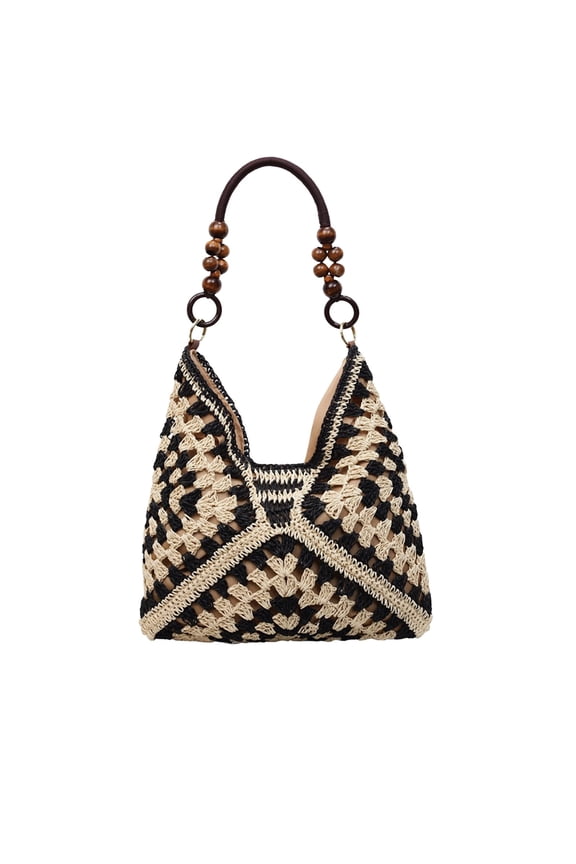 Women's Handmade Crochet Tote Bag, Large Capacity Woven Shoulder Bag with Wooden Beaded Handle, Openwork Knit Hobo Handbag, Versatile Commuter Tote
