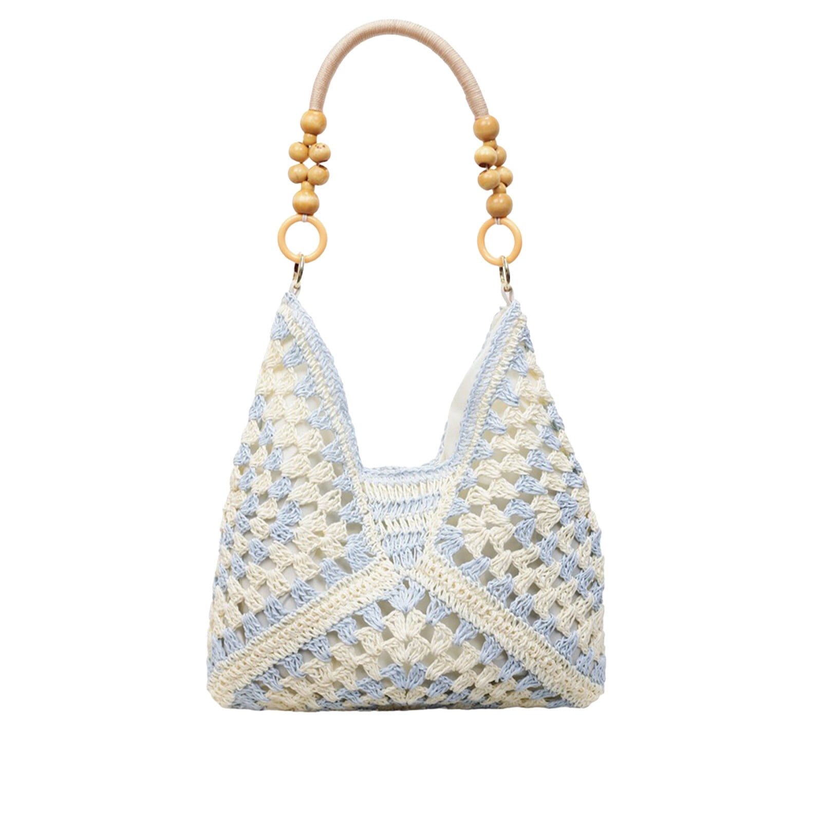SHJHENG Women's Handmade Crochet Tote Bag, Large Capacity Woven Shoulder Bag with Wooden Beaded Handle, Openwork Knit Hobo Handbag, Versatile Commuter Tote