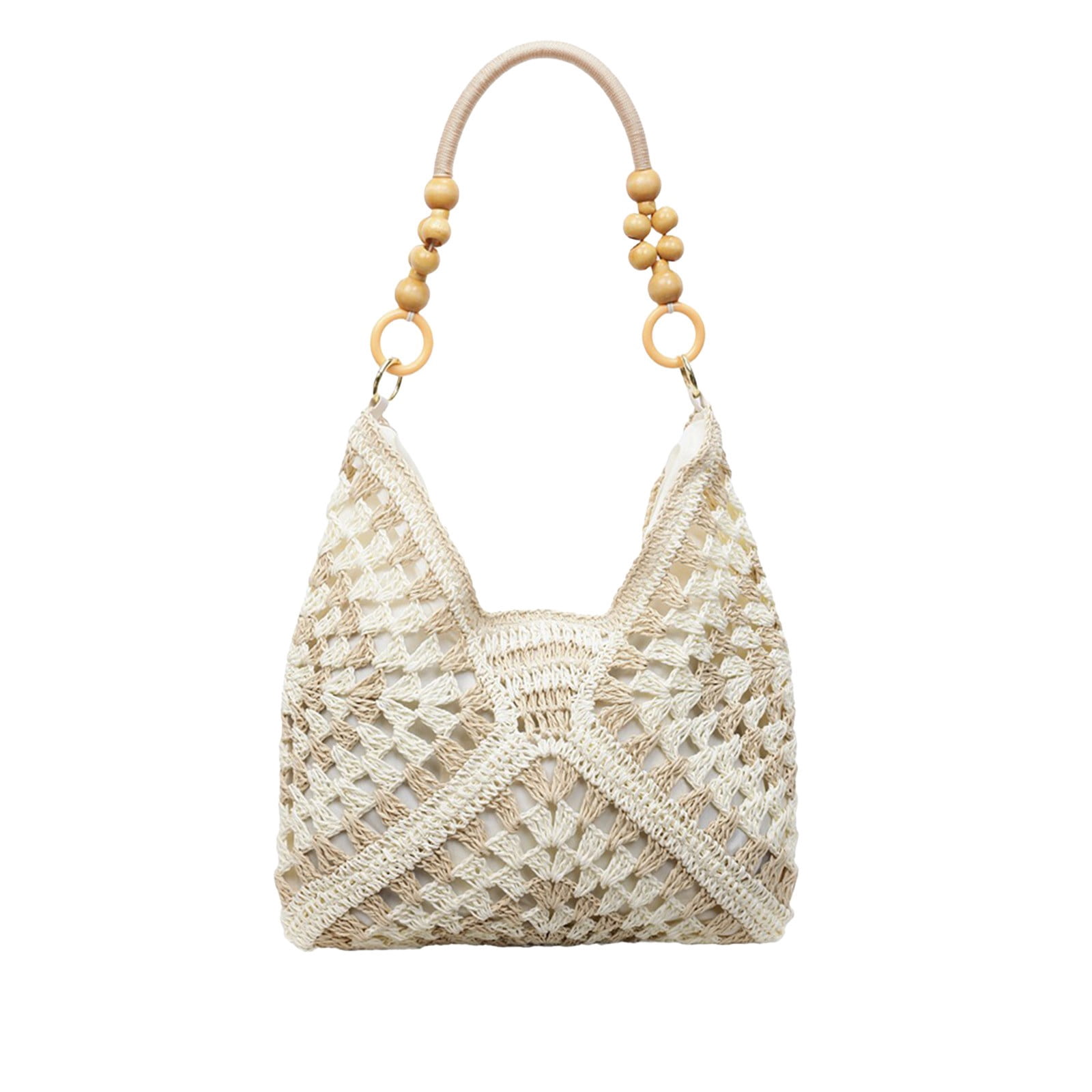 SHJHENG Women's Handmade Crochet Tote Bag, Large Capacity Woven Shoulder Bag with Wooden Beaded Handle, Openwork Knit Hobo Handbag, Versatile Commuter Tote