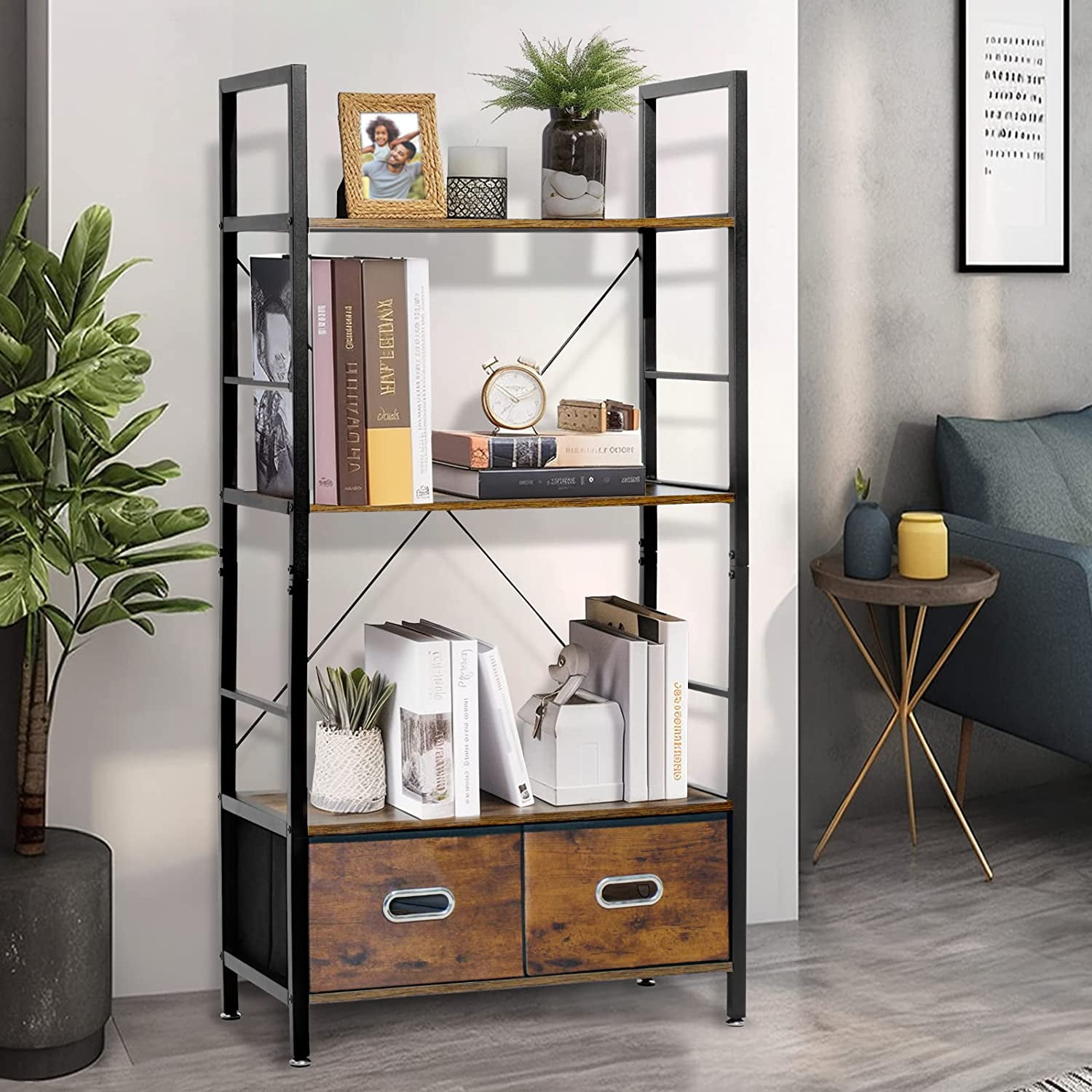 SHMAMT 4 Tier Bookshelf 4ft Tall Book Shelf with 2 Storage Drawers Wood Storage Shelves 4 Tier Shelf Wood and Metal Shelf for Living Room