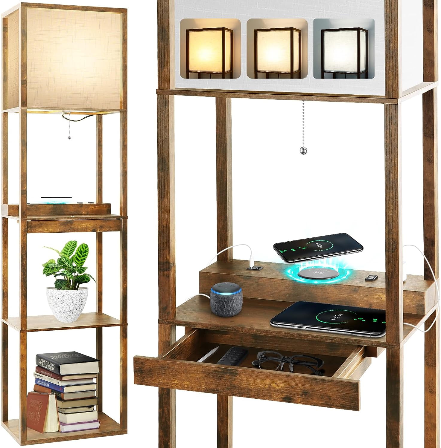 SHMAMT Floor Lamp with Shelves Plus, Wireless Charger, USB and Type C