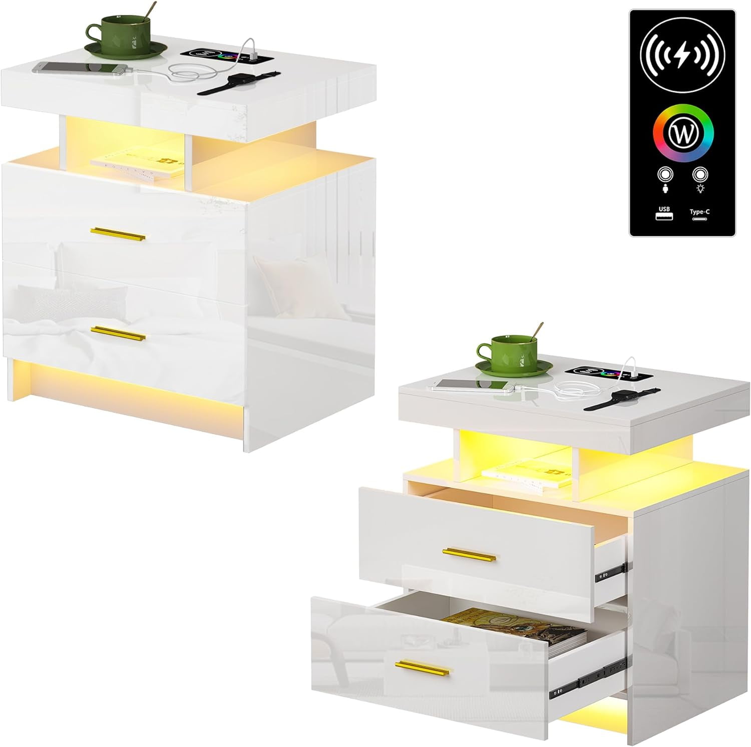 SHMAMT High Gloss Nightstand,White Night Stand with USB+TypeC+Wireless