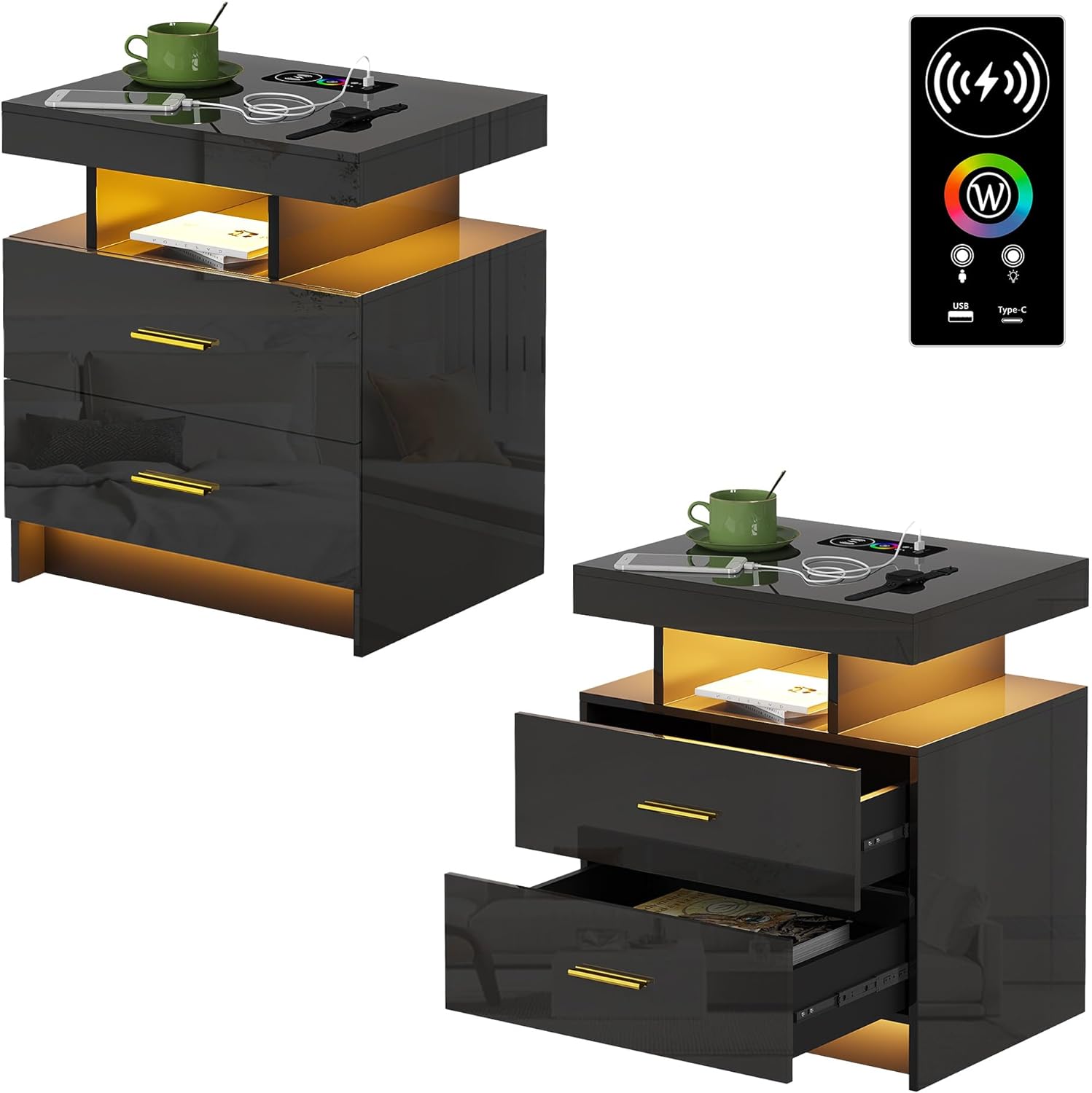 SHMAMT High Gloss Nightstand,White Night Stand with USB+TypeC+Wireless Charging Station,Modern