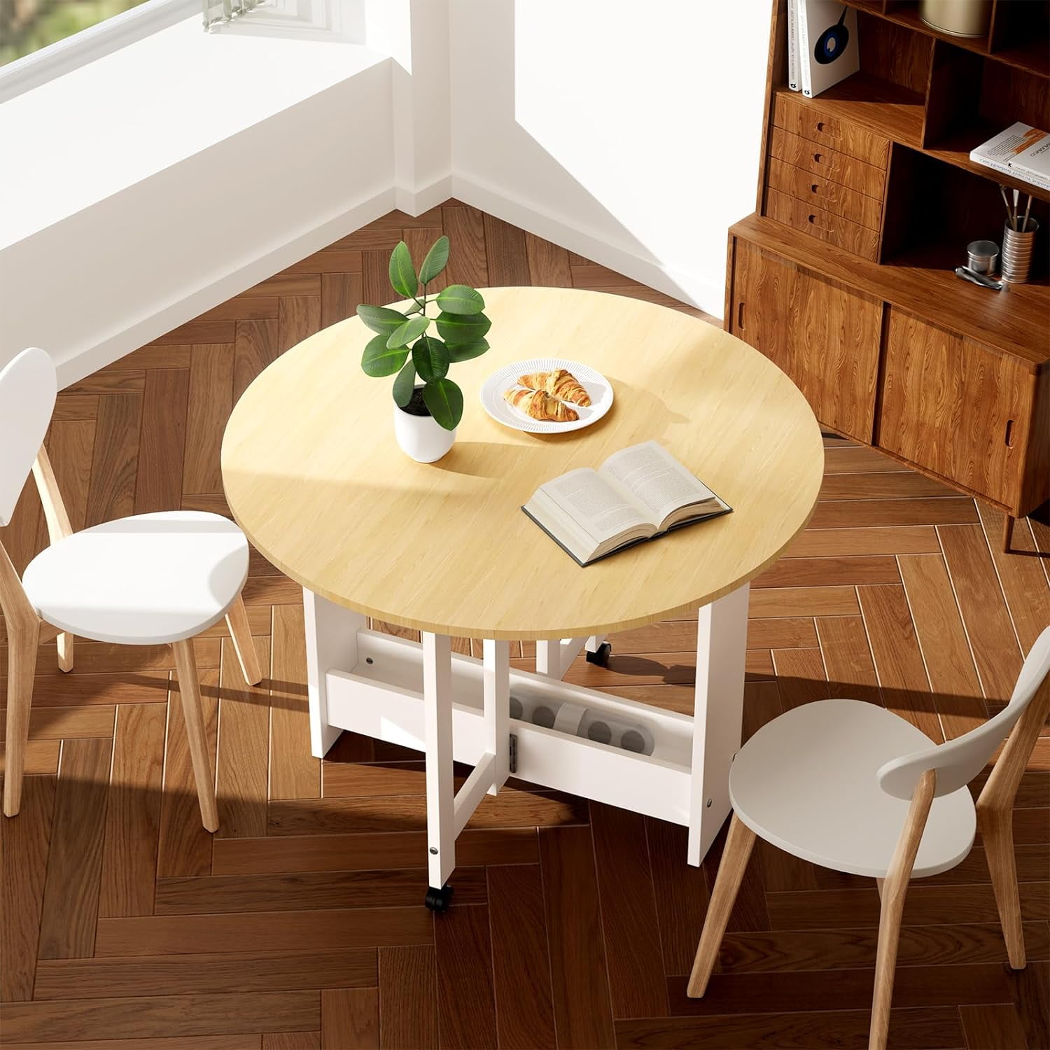 SHMAMT Round DropLeaf Folding Dining Table, Multifunctional