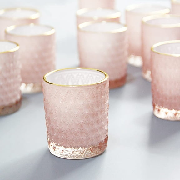 SHMILMH Pink Votive Candle Holders Set of 24, Valentines Day Glass Tealight Holders Bulk with Gold Rim, Tea Candle Holder for Wedding Table Centerpiece Birthday Decor Pink 24