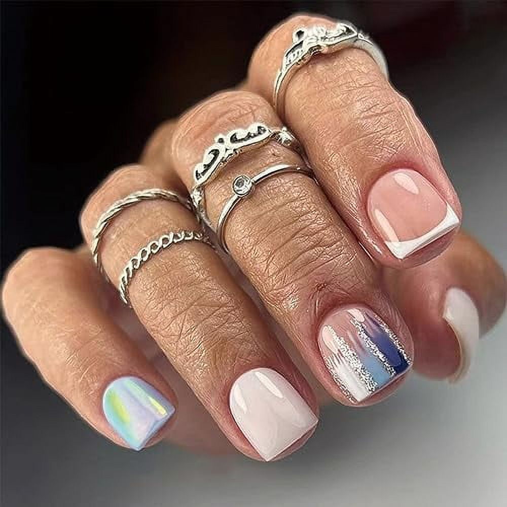 SHNWU Medium Square Press on Nails French Tip Squoval White Fake Nails