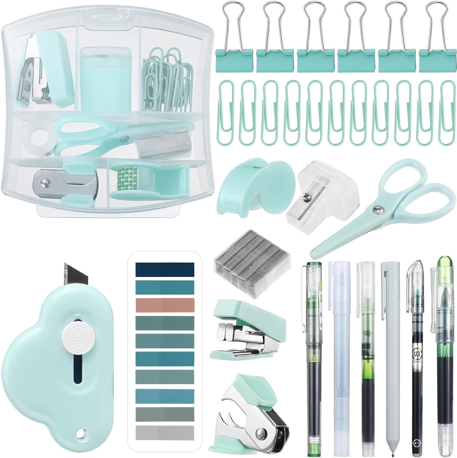 SHNWU Mini Office Supply Kit Includes Stapler Tape Dispenser Staple Remover Paper Clips Scissor