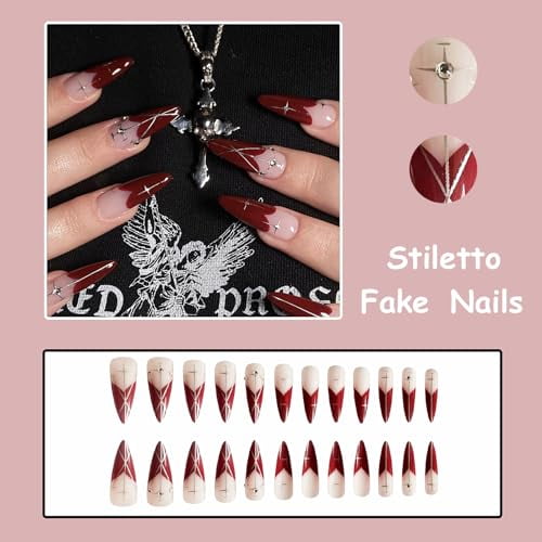 SHNWU Press on Nails Long Stiletto Fake Nails Glossy Glue on Nails Red ...