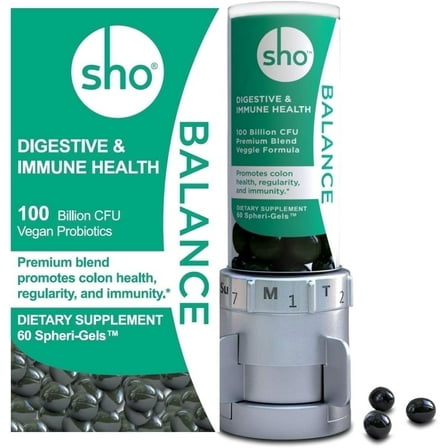 SHO Balance 100 Billion CFU Prebiotics and Probiotics Including Lactobacillus Casei for Digestive Health, Shelf-Stable Vegan Probiotics for Men and Women – 60 Pills Refill Bottle with Dispenser