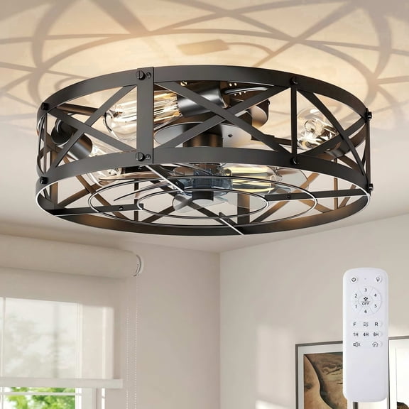 SHOUFTW 19 inch Bladeless Farmhouse Flush Mount Ceiling Fan with Lights, Remote Control Rustic Low Profile Caged Quiet Fandelier for Bedroom Kitchen, Black