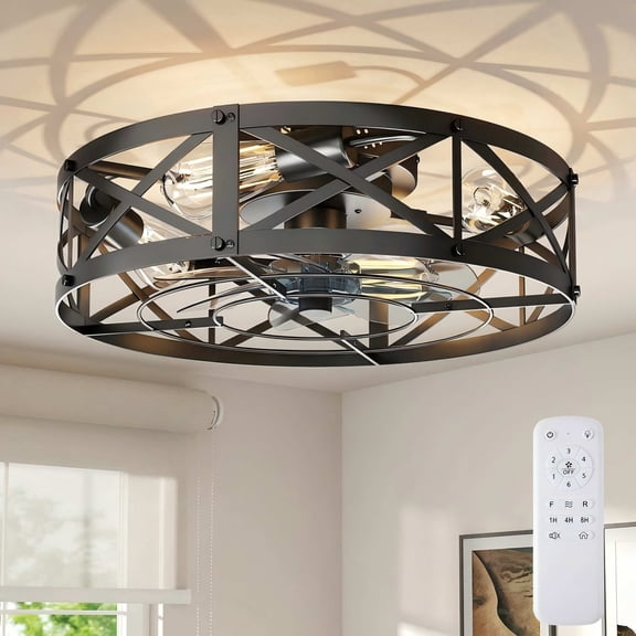 SHOUFTW 22 inch Bladeless Farmhouse Flush Mount Ceiling Fan with Lights, Remote Control Rustic Low Profile Caged Quiet Fandelier for Bedroom Kitchen, Black