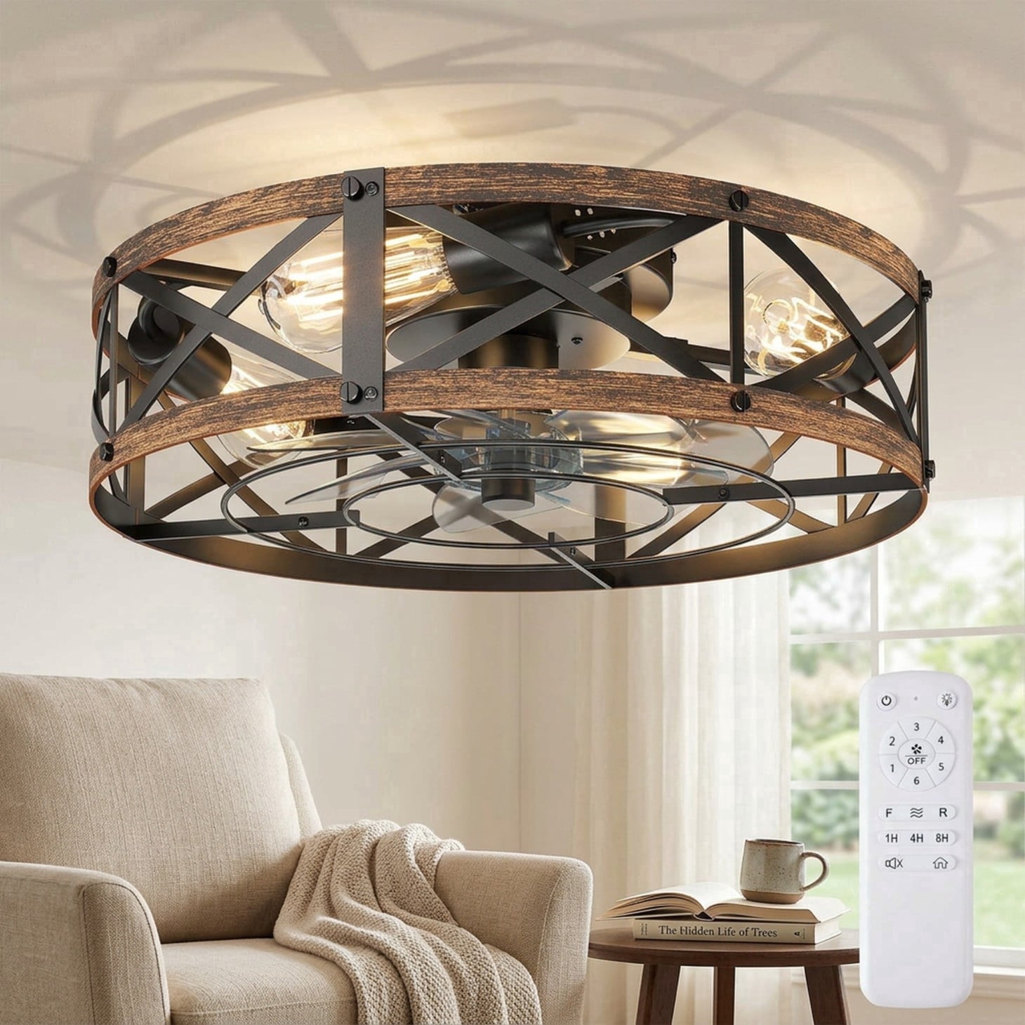 SHOUFTW 22 inch Bladeless Farmhouse Flush Mount Ceiling Fan with Lights, Remote Control Rustic Low Profile Caged Quiet Fandelier for Bedroom Kitchen, Gold