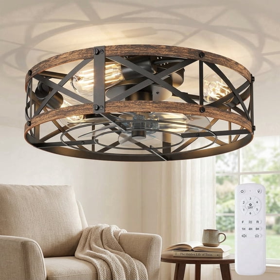 SHOUFTW 22 inch Bladeless Farmhouse Flush Mount Ceiling Fan with Lights, Remote Control Rustic Low Profile Caged Quiet Fandelier for Bedroom Kitchen, Gold