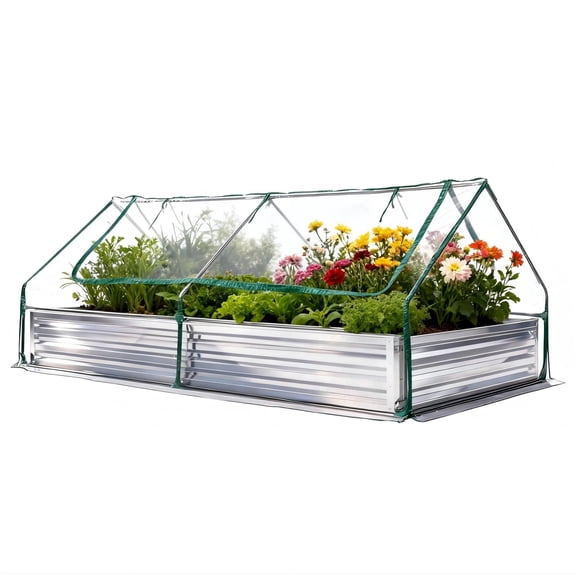 SHOUFTW Galvanized Raised Garden Bed with Cover, 8x4x1ft Metal Planter Box Mini Greenhouse for Outdoor Herbs/Flowers/Vegetables