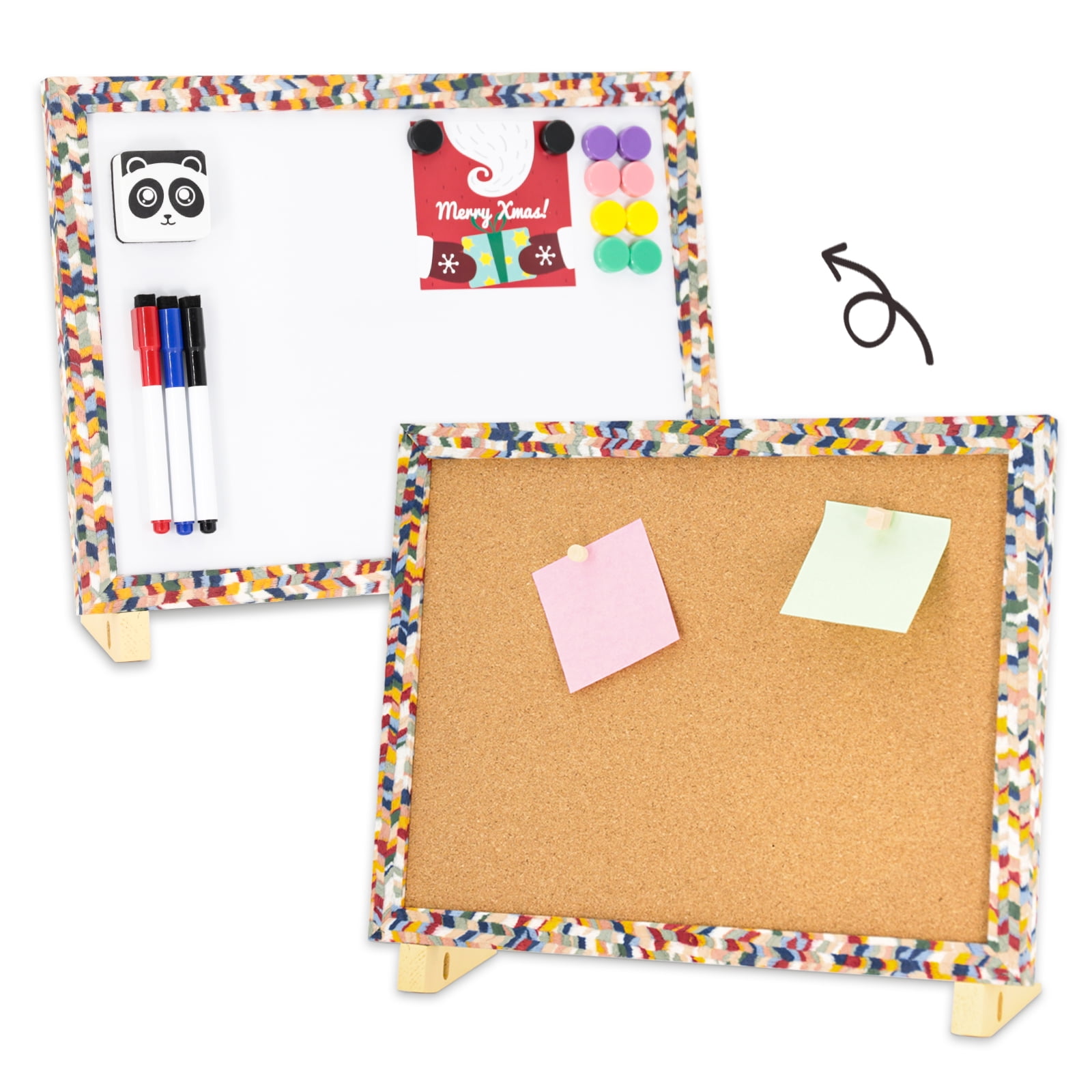 SHOOFFICE Combo Dry Erase Board & Cork Board, 16" x 12" Magnetic Corkboard with Stand, Boho Wooden Frame