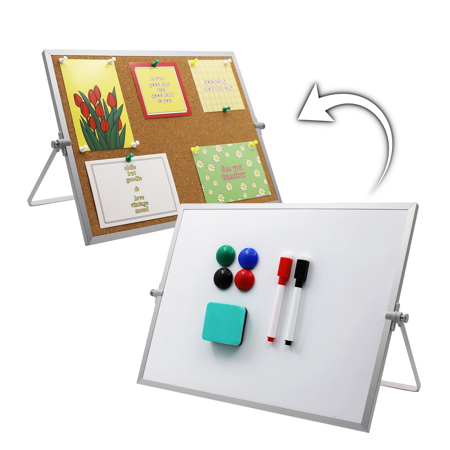SHOOFFICE Cork Board White Board Combo, 16" x 12" Double Sided Magnetic Whiteboard with Stand, Aluminum Frame