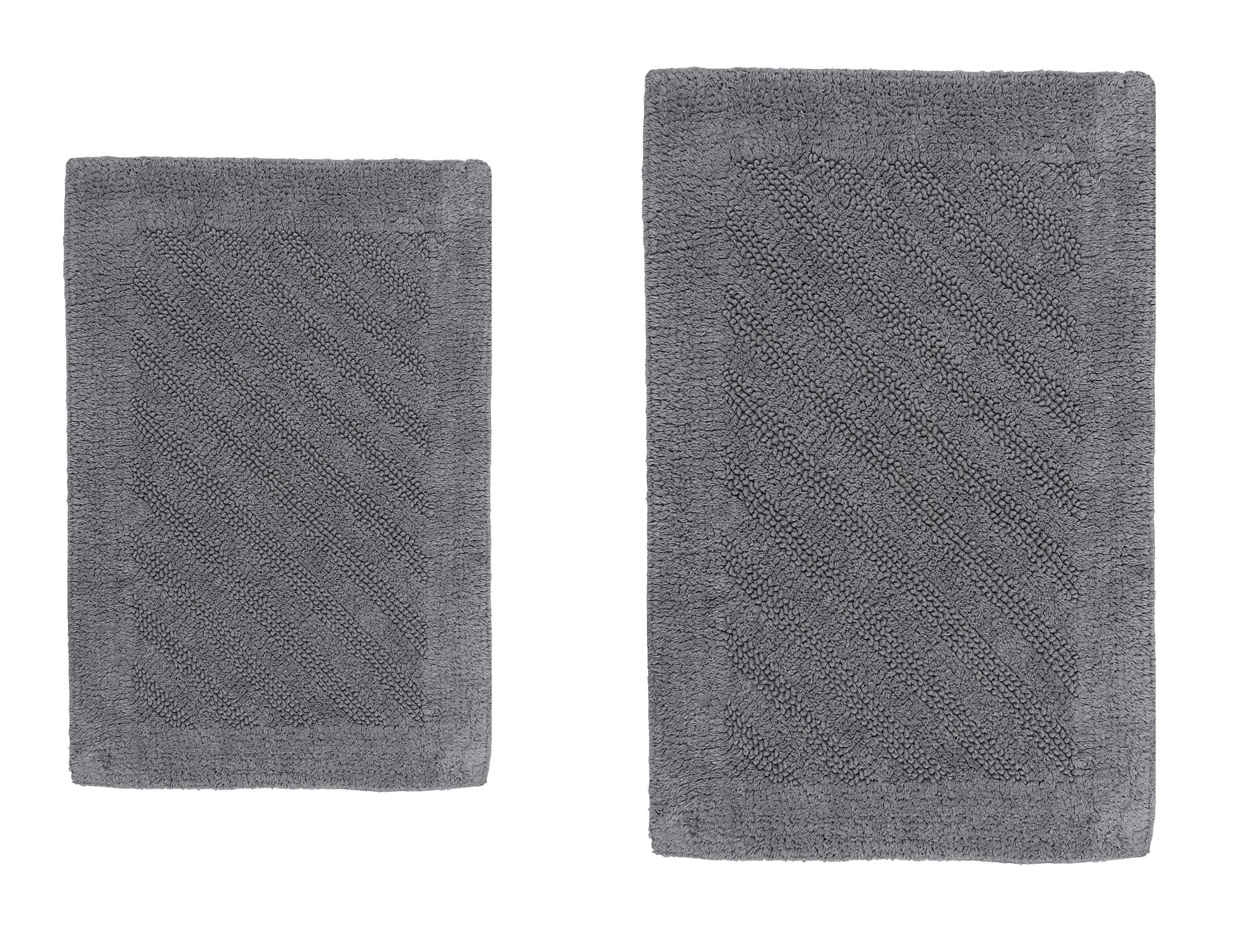 Silver Diagonal Striped Cotton Reversible Bath Rug Set