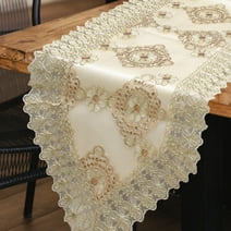 SHOP LC Beige Table Runner 72 inches Long for Dining Golden Doilies Embroidered Boho Style Polyester Room Decor Kitchen Rustic Lace Tablecloth Birthday Gifts