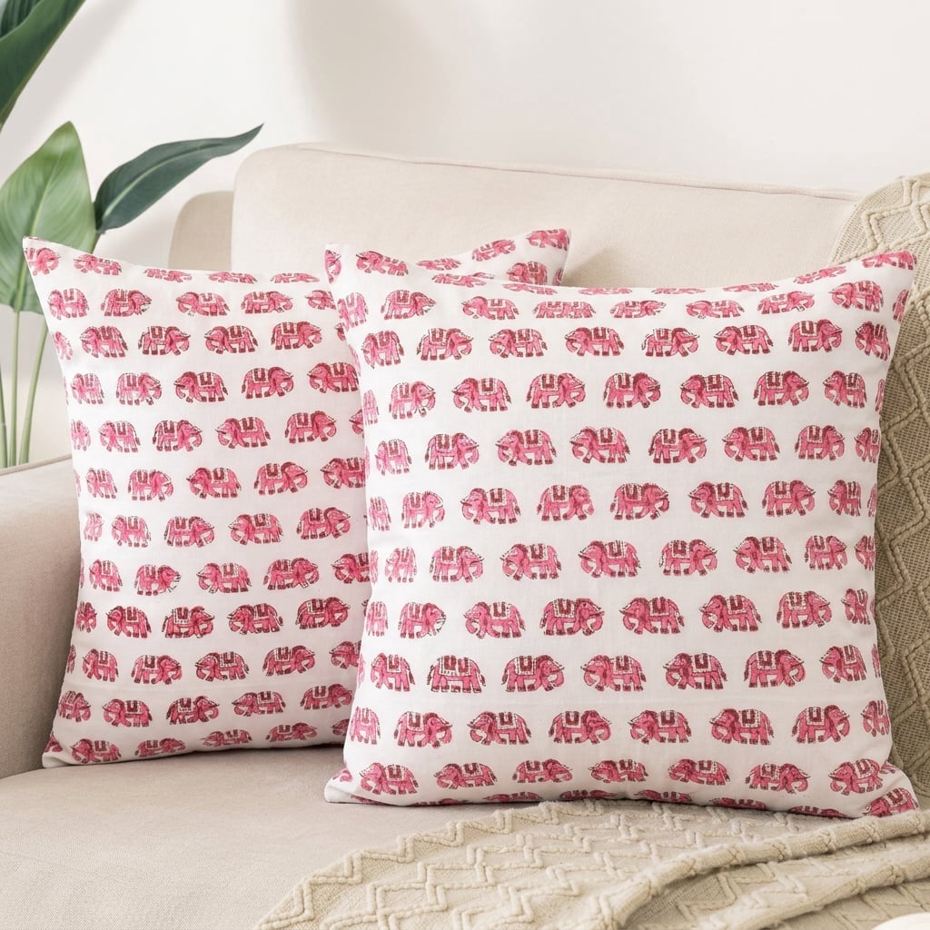 SHOPCREW Hand Block Printed Cotton Cushion Covers with Zipper Closure, Decorative Throw Pillow Covers for Sofa Couch Bed, 18x18 Inches, Pack of 2 - Blush Elephant Parade