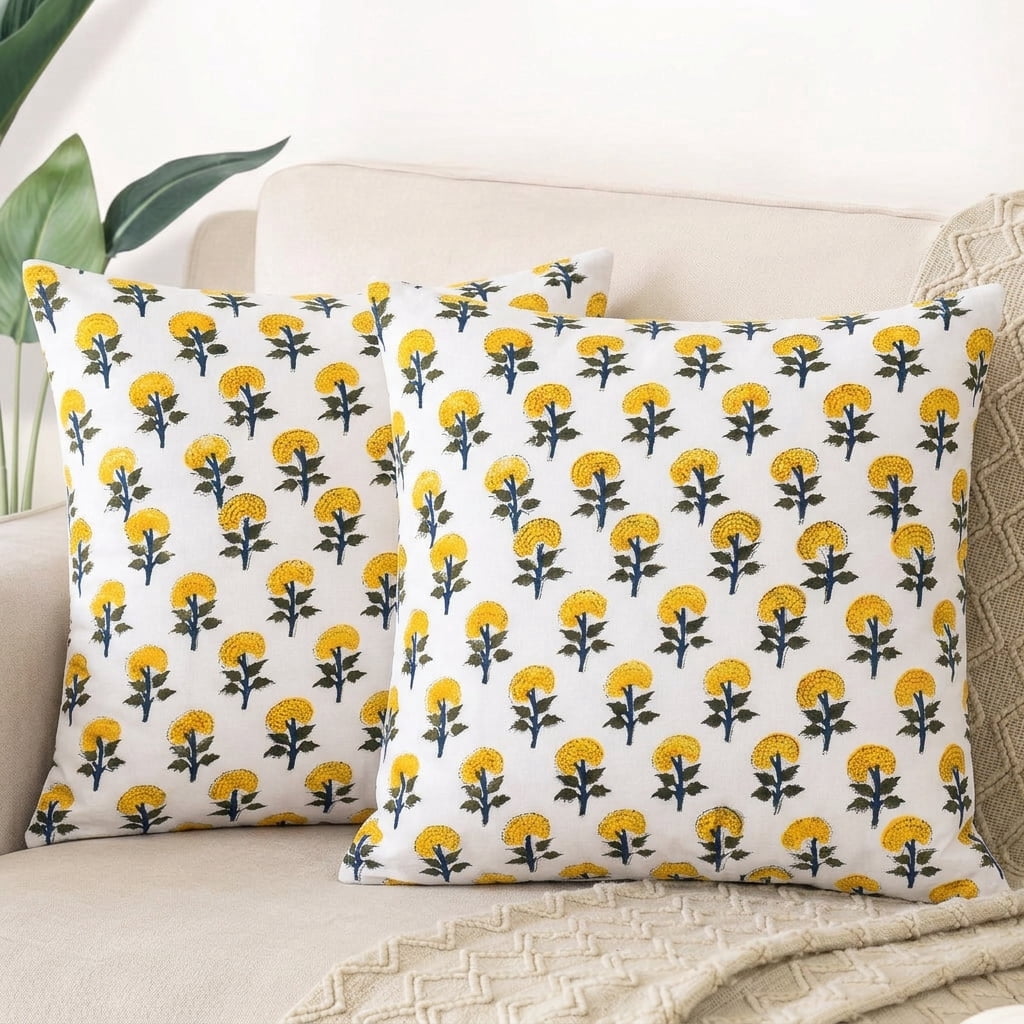 SHOPCREW Hand Block Printed Cotton Cushion Covers with Zipper Closure, Decorative Throw Pillow Covers for Sofa Couch Bed, 18x18 Inches, Pack of 2 - Golden Marigold Muse