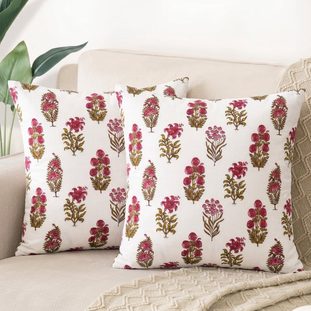 SHOPCREW Hand Block Printed Cotton Cushion Covers with Zipper Closure, Decorative Throw Pillow Covers for Sofa Couch Bed, 18x18 Inches, Pack of 4 - Wildflower Symphony