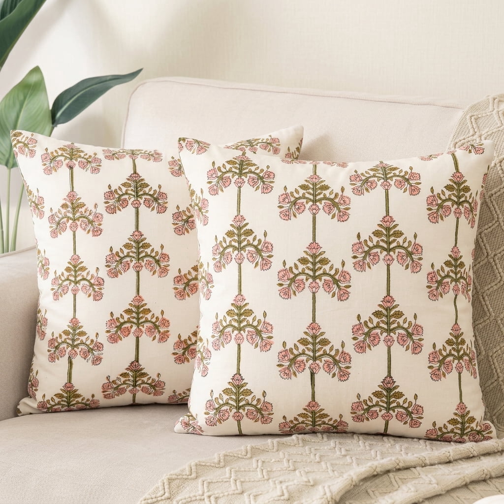 SHOPCREW Hand Block Printed Cotton Cushion Covers with Zipper Closure, Decorative Throw Pillow Covers for Sofa Couch Bed, 20x20 Inches, Pack of 4 - Heritage Garden Spire